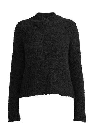 Schwarzer Strickpullover mit langen Ärmeln, einem cropped Saum und einer weichen, strukturierten Oberfläche. Verfügt über ein leichtes V-Ausschnitt-Design.