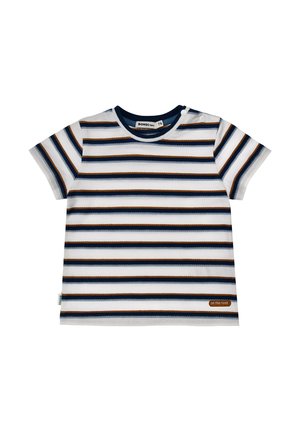 Weißes Kurzarm-Toddlerhemd mit marineblauen und braunen horizontalen Streifen, rundem Ausschnitt und Druckknöpfen an einer Schulter.