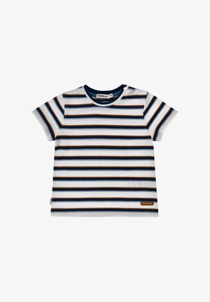 White short-sleeve toddler shirt with navy and brown horizontal stripes, round neckline, and snap buttons on one shoulder.