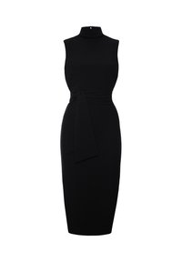Czarna sukienka z wysokim dekoltem, bez rękawów oraz wiązanym detalem w talii. Wykonana z gładkiego materiału; dopasowany krój do długości kolan.