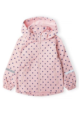 Pink rain jacket with navy polka dots, zippered front, two zippered pockets, and reflective strip accents on sleeves and chest.