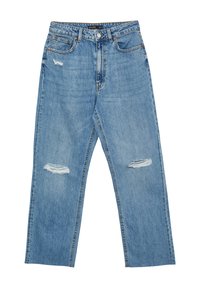 Jeans in denim blu chiaro con una vestibilità rilassata, caratterizzati da un vita alta, dettagli strappati sulle ginocchia, cinque tasche e chiusura con bottone.