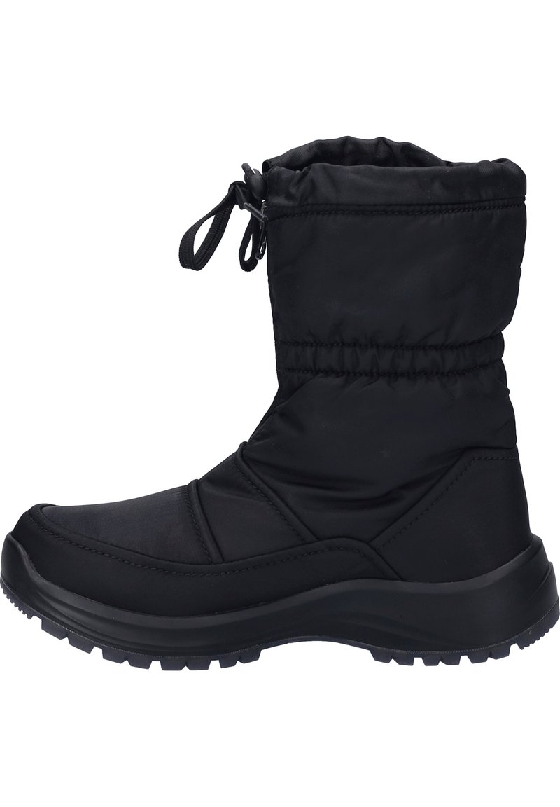 Zwarte geïsoleerde winterlaars gemaakt van gladde stof met een elastische bovenkant, een gestructureerde rubberen zool en gestikte accenten voor extra detail.