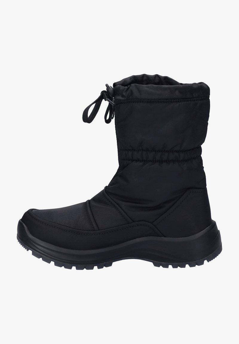 Sort isoleret vinterstøvle lavet af glat stof med elastisk top, tekstureret gummisål og syede detaljer for ekstra præg.