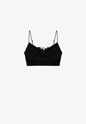 Zwarte bralette met dunne verstelbare bandjes, textuurstof, v-halsontwerp en een geraffineerd effect op de bustier. Eenvoudige en moderne stijl.