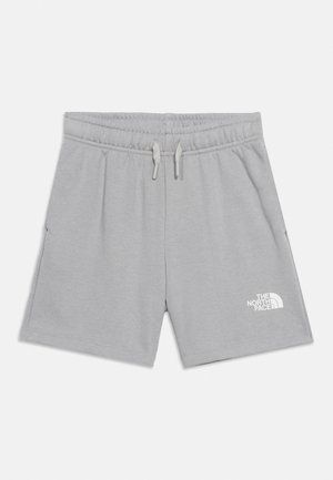 Pantalones cortos de cintura elástica gris claro con cordón y bolsillos laterales, con el logo blanco de The North Face en la parte inferior de la pierna derecha.