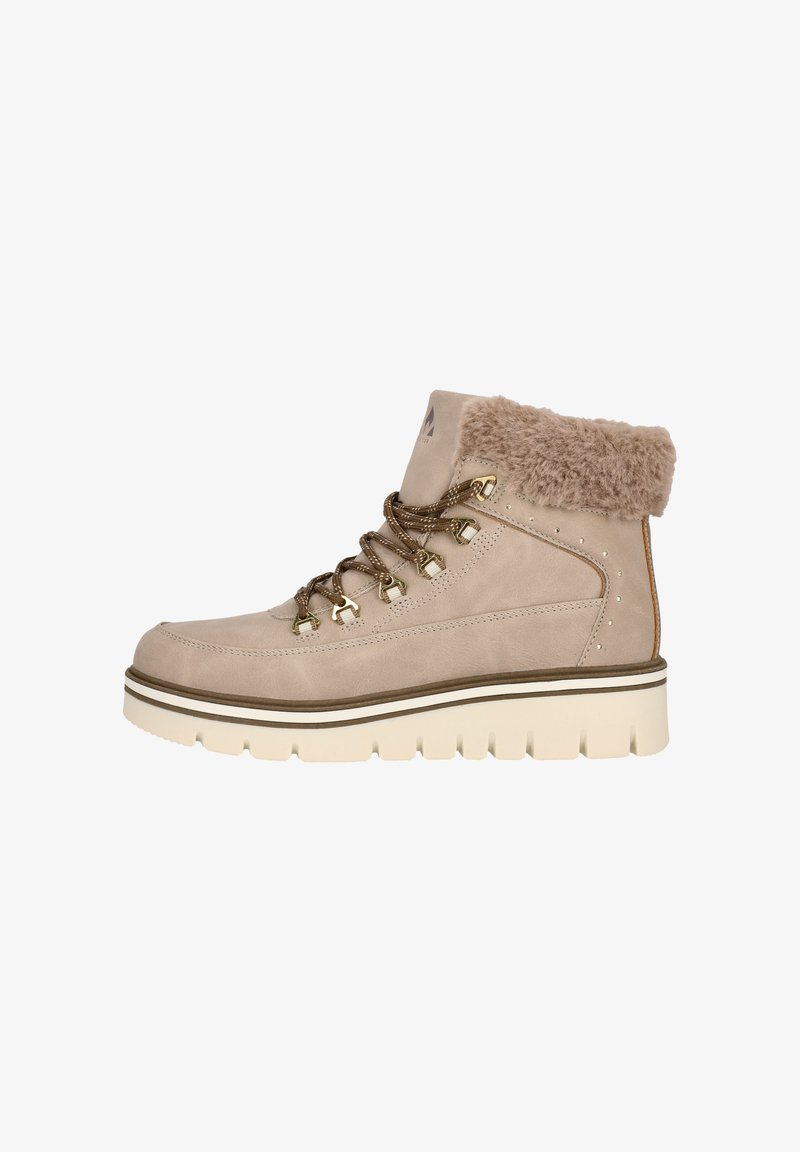 Beige veterschoenen met een nepbont kraag, gestructureerd suède bovenwerk, gevoerde witte zool en decoratieve metalen oogjes.