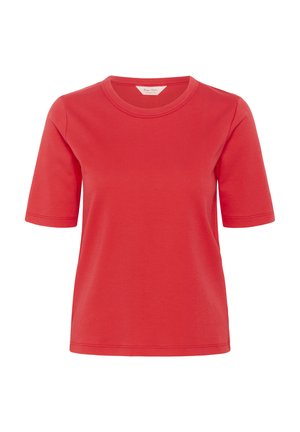 Červené bavlnené tričko s krátkymi rukávmi, okrúhlym výstrihom a hladkým povrchom. Jednoduchý dizajn bez vzorov alebo ozdôb.