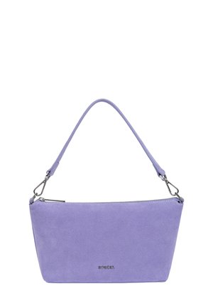 Lavender suede handbag with a single detachable strap, silver zipper, and small metal logo "ROECKL" on the front.