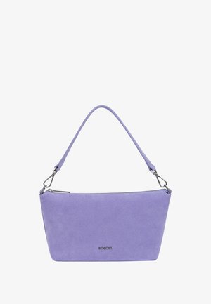 Lavendelfarbenes Wildlederhandtasche mit einem abnehmbaren Tragegurt, silbernem Reißverschluss und kleinem Metalllogo "ROECKL" auf der Vorderseite.