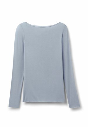 Haut bleu clair à manches longues avec un large col rond, présenté à plat sur un fond blanc.