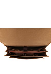Brown leather bag with a smooth texture, featuring a zippered pocket and multiple compartments, showcasing a light brown interior lining.