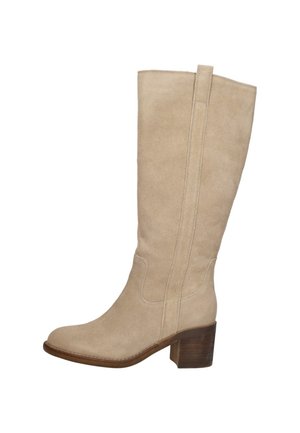 Beige suède midkuitlaars met houten blokhak en ronde neus, met gestikte details langs de schacht en voet.