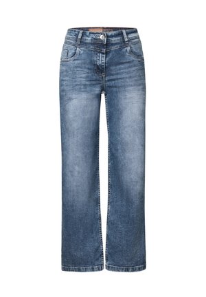 Light blue wide-leg jeans with a front button closure and pockets, featuring a faded denim texture and clean hems.