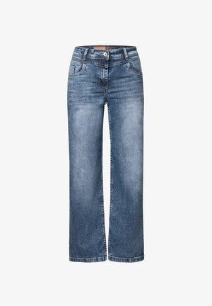 Jean anchos de color azul claro con cierre de botón frontal y bolsillos, con una textura de denim desgastada y dobladillos limpios.