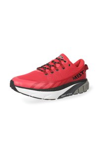 Red athletic shoe with a mesh upper, textured accents, black laces, and a distinctive thick sole featuring a gray and white design.