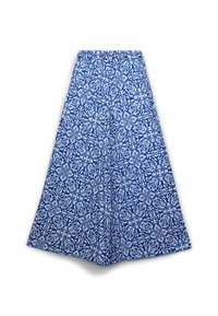 Gonna maxi con motivo floreale blu, con vita arricciata e silhouette svasata, realizzata in tessuto leggero e con dettagli intricati bianchi.
