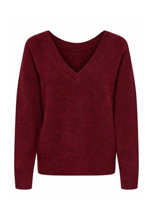 Pull en V bordeaux à manches longues, fabriqué à partir d'un matériau tricoté doux, avec une coupe décontractée et une finition texturée.