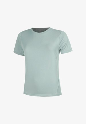 T-shirt de sport gris clair à manches courtes et col rond, affiché sur un fond blanc uni.