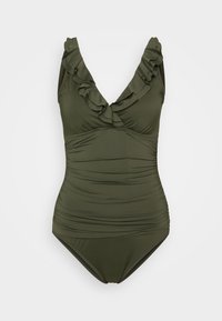 Olive krāsas viengabala peldkostīms ar volānu apmalēm, savelkamu tekstūru un dziļu V formas aizmuguri. Gluda, elastīga auduma un ar vidēju kāju griezumu.