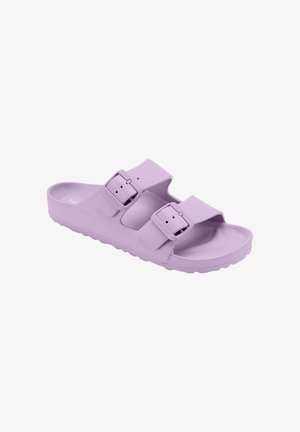 Light purple slip-on sandal with two adjustable buckle straps and contoured sole, designed for casual wear.