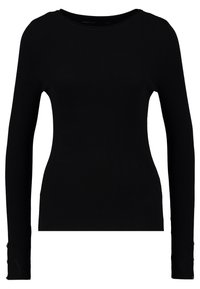 Haut noir à manches longues côtelées avec un col rond et de subtils boutons en décoration sur les manches, fabriqué en tissu doux et extensible.