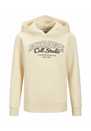 Kermainen huppari, jossa on edessä teksti "JACK&JONES Coll. Studio Created by the J&J crew Since 1990", pitkät hihat ja huppu.