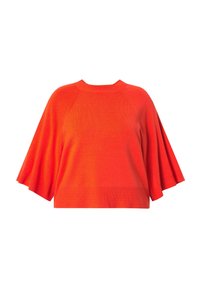 Heller roter Strickpullover mit rundem Halsauschnitt. Verfügt über breite, fließende Ärmel und einen gerippten Saum, der eine lockere Passform und eine glatte Textur zeigt.