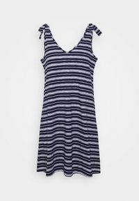 Robe sans manches à rayures horizontales bleu marine et blanc, avec col en V et bretelles nouées aux épaules, présentée sur un fond blanc.