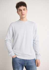 Sudadera azul clara con cuello redondo, mangas largas, puños y dobladillo acanalados, que presenta un pequeño logo en relieve en el pecho. Combinada con jeans.