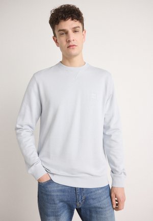 Light blue sweatshirt with a crew neck, long sleeves, ribbed cuffs and hem, featuring a small, embossed logo on the chest. Worn with jeans.