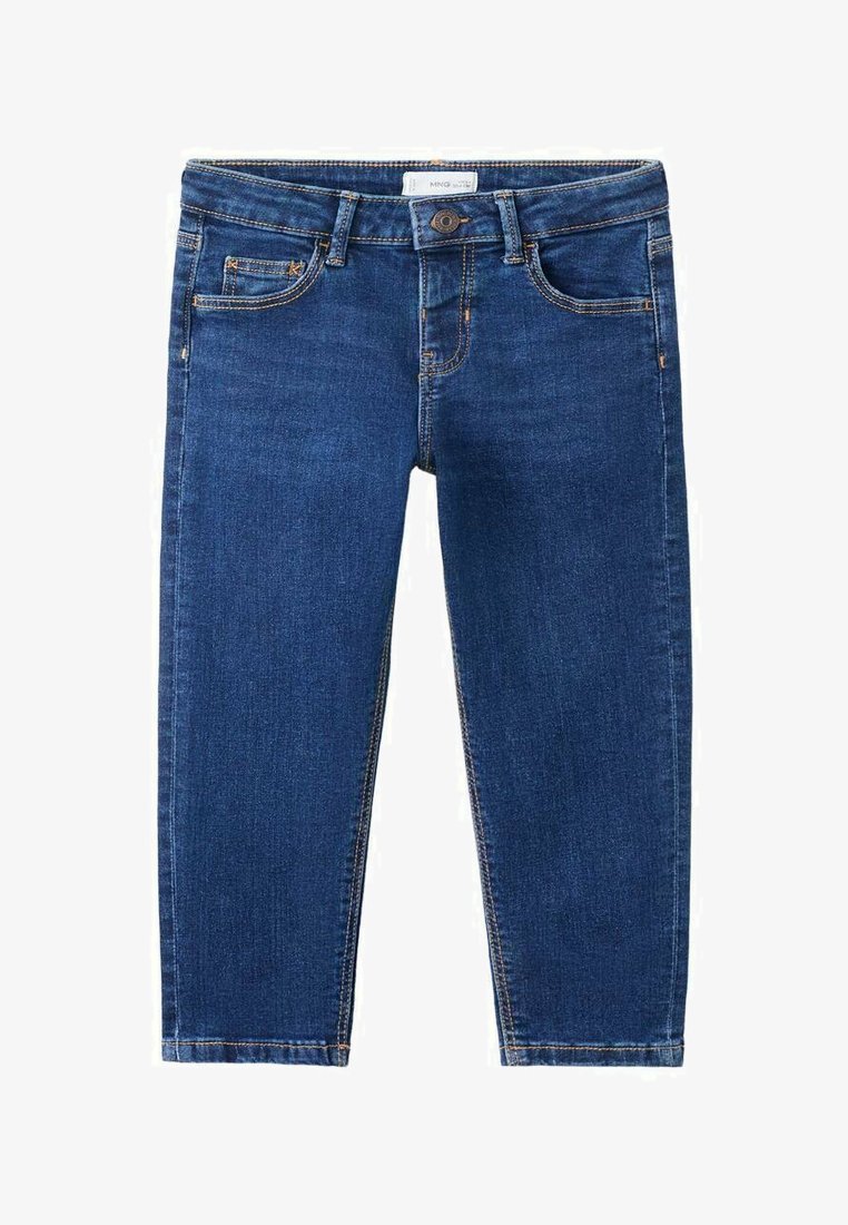 Jean en denim bleu à coupe classique. Poches avant, fermeture par bouton, jambes droites ; taille mi-haute, design épuré avec une couture discrète.