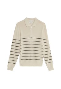 Cremefarvet strikket pullover med lynlås-krave, der har vandrette sorte striber over ærmerne og kroppen. Blød tekstur, medium vægt.