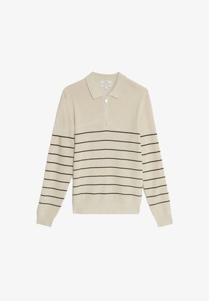 Kremowy sweter dzianinowy z kołnierzem na zamek, z poziomymi czarnymi paskami na rękawach i korpusie. Miękka tekstura, średnia waga.