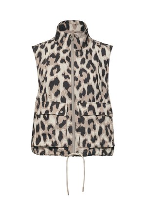 Chaleco beige sin mangas con estampado de leopardo negro y marrón claro, cuello alto, cremallera frontal, dos bolsillos con solapa y bajo con cordón ajustable.