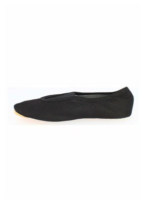 Black fabric ballet flat shoe with low heel and elastic trim around opening, shown from left side on white background.