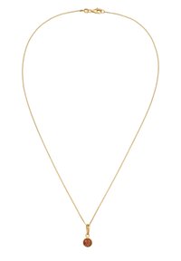 Guld kædehalskæde med en rund orange ædelstensvedhæng, glat tekstur og lukning med hummerlås. Enkel og elegant design.