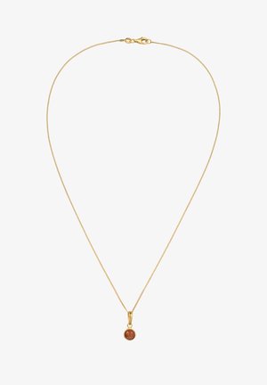 Guld kædehalskæde med en rund orange ædelstensvedhæng, glat tekstur og lukning med hummerlås. Enkel og elegant design.