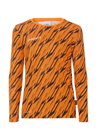 T-shirt de sport orange à manches longues avec un motif abstrait noir, fabriqué dans un matériau léger, à col rond et au design ajusté.