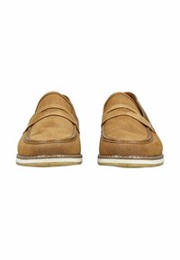 Scarpe slip-on beige con parte superiore in tessuto testurizzato, dettagli cuciti e suola in gomma. Presentano due cinturini elastici per una facile indossabilità.