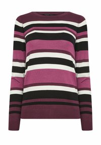 Gestreifter Pullover in Burgunderrot, Schwarz, Weiß und Rosa. Mit einem runden Ausschnitt und langen Ärmeln, aus einem weichen Strickmaterial gefertigt.