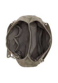 Gray suede handbag with a soft, textured exterior. Interior features multiple compartments and zippered sections for organization.