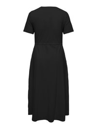 Robe longue noire à manches courtes avec encolure ronde et taille froncée, vue de dos sur fond blanc.