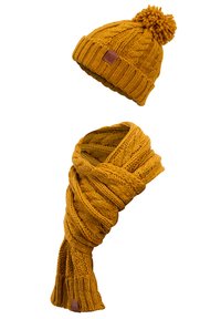 Yellow knitted hat with pom-pom and matching scarf, featuring a cable knit design and ribbed edges, made from a soft, textured yarn.