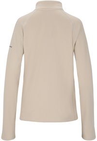 Beige långärmad tröja med hög krage och raglanärmar. Slät textur med subtila sömnadsdetaljer. Varumärkeslogotyp på ärmen.