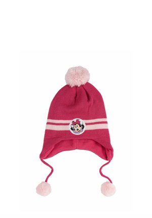 Pink knit hat with pink pom-pom, white stripes, and a round Minnie Mouse patch at the front. Features ties with pom-poms at ends.