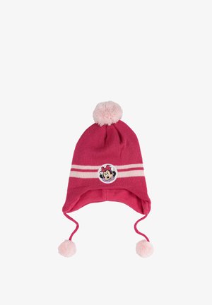 Cappello lavorato a maglia rosa con pon pon rosa, strisce bianche e una toppa rotonda di Minnie Mouse sul davanti. Presenta lacci con pon pon alle estremità.