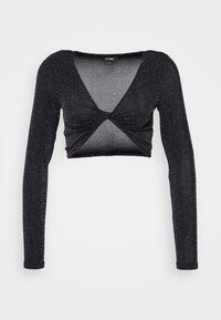 Černý dlouhý rukáv crop top s hlubokým výstřihem do V, středovým nařasením a texturovanou tkaninou s jemnými třpytivými akcenty.