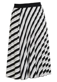 Jupe plissée avec un motif diagonal rayé noir et blanc, dotée d'une taille en tissu noir uni et d'un tissu lisse et léger.