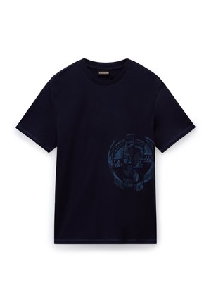 Navy blue cotton t-shirt featuring a round graphic on the front with text and patterns in a lighter blue. Classic crew neck and short sleeves.